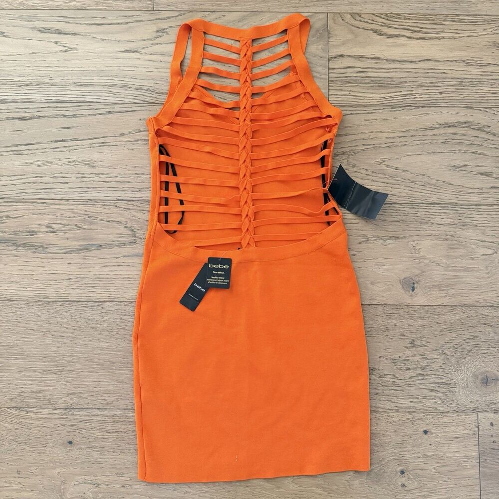 Bebe Brigit Braided Back Bandage Dress Neon Orange Strappy Bodycon L NWT - Picture 6 of 11